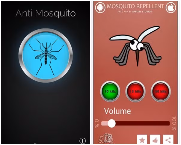  5. Đuổi muỗi. Đừng coi thường những ứng dụng này mỗi khi bạn quyết định “lên rừng, xuống biển” để trải nghiệm cảm giác phiêu lưu, thám hiểm trong những ngày hè. Những ứng dụng này giả lập tần số sóng siêu âm của loài dơi và chuồn chuồn, vốn là kẻ thù của muỗi, khiến chúng sợ và tránh xa khu vực phát sóng. Người dùng có thể điều chỉnh tần số cho phù hợp để điện thoại phát ra sóng âm này làm cho muỗi khó chịu nhưng không ảnh hưởng tới người sử dụng. Gợi ý ứng dụng: Anti Mosquito - Sonic Repeller, Anti Insect PRO…