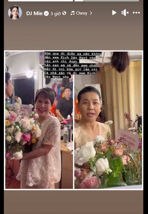 Giữa thông tin tặng hoa cho bạn trai cũ, Mie chia sẻ, cô gửi tặng hoa cho loạt nghệ sĩ đóng vở kịch Dâu ngọt. Ảnh: FBNV.