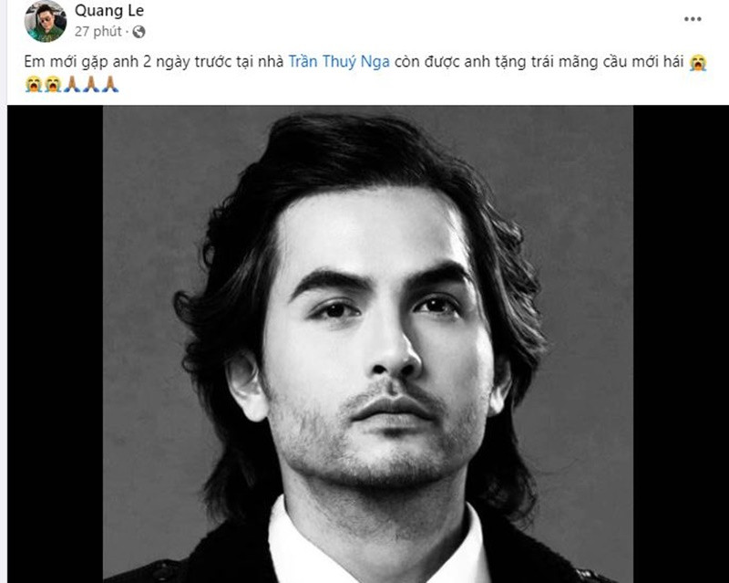 Quang Lê cũng bàng hoàng khi biết tin Đức Tiến mất. 2 ngày trước, Quang Lê gặp nam người mẫu và được đồng nghiệp tặng trái mãng cầu mới hái.