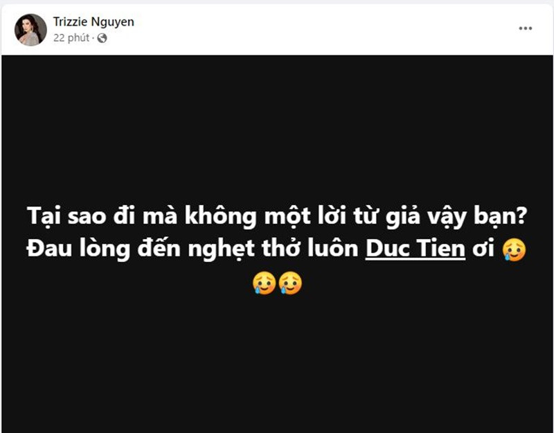 Trizzie Phương Trinh tiếc thương Đức Tiến. “Tại sao đi mà không một lời từ giã vậy bạn? Đau lòng đến nghẹt thở luôn”, cô viết.