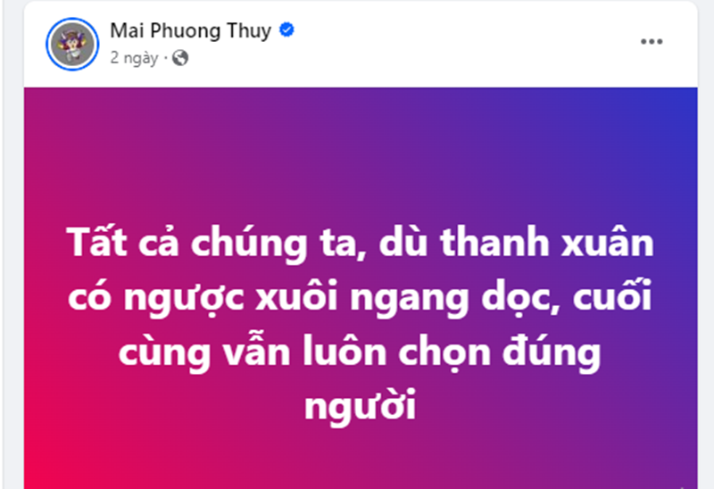 Thời điểm dự đám cưới Midu, Mai Phương Thúy viết trên trang cá nhân: "Tất cả chúng ta, dù thanh xuân có ngược xuôi ngang dọc, cuối cùng vẫn luôn chọn đúng người". Ảnh: FBNV.
