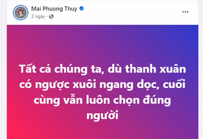 Thời điểm dự đám cưới Midu, Mai Phương Thúy viết trên trang cá nhân: "Tất cả chúng ta, dù thanh xuân có ngược xuôi ngang dọc, cuối cùng vẫn luôn chọn đúng người". Ảnh: FBNV.