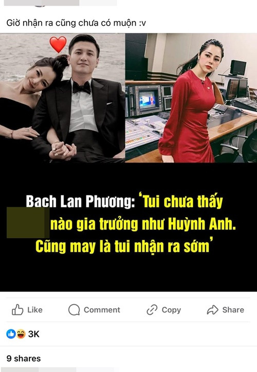 Nữ MC phủ nhận có phát ngôn: "Huỳnh Anh gia trưởng". "Cái gì vậy trời? Trích một câu mà từ trong suy nghĩ mình chưa bao giờ có chứ chưa nói là thốt ra khỏi miệng", Bạch Lan Phương cho biết.