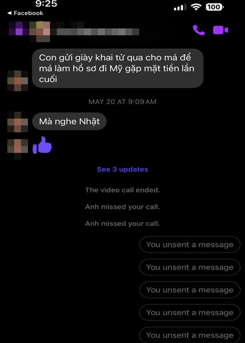 Vợ Đức Tiến nhanh chóng lên tiếng về chia sẻ của mẹ chồng. Cụ thể, trên trang cá nhân, Bình Phương chia sẻ ảnh chụp tin nhắn với mẹ chồng để chứng minh cô vẫn nghe điện thoại của mẹ chồng. Ngoài ra, Bình Phương cho biết, chưa có giấy khai tử của Đức Tiến nên cô chưa ký giấy bảo lãnh để mẹ chồng sang Mỹ. Ảnh: FBNV.