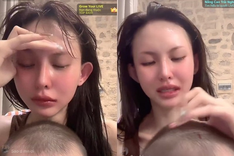 Mới đây, Lâm Minh vừa ôm con trai vừa khóc trong tình trạng miệng chảy máu. Decao lên tiếng thừa nhận anh, mẹ anh và Lâm Minh xảy ra xô xát. Ảnh: TikTok.