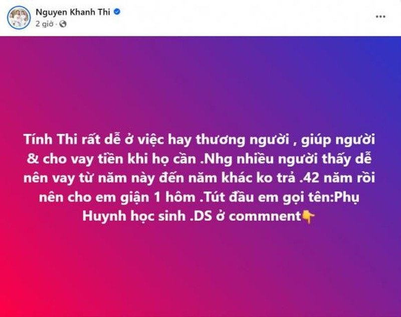 Mới đây, Khánh Thi gây xôn xao khi công khai danh sách đòi nợ. Đáng chú ý, cô tố bị một nữ ca sĩ thi Bước nhảy hoàn vũ 13 năm trước vay 80 triệu nhưng không trả.
