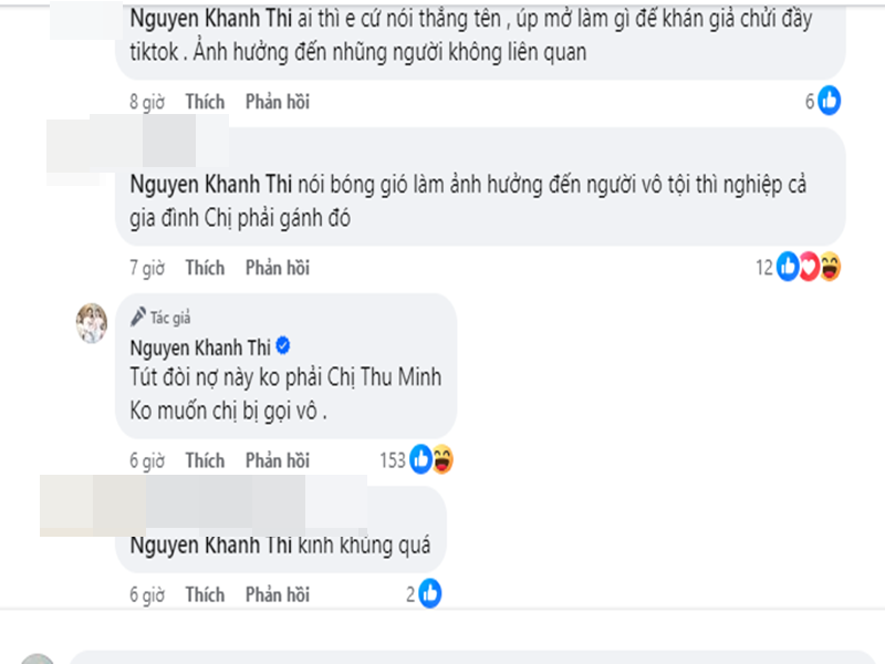 Trước bài đăng đòi nợ của Khánh Thi, nhiều cư dân mạng réo tên một số ca sĩ như Thủy Tiên và Thu Minh. Về phần mình, dưới bài đăng đòi nợ, Khánh Thi cho biết: “Status đòi nợ này không phải chị Thu Minh, không muốn chị bị gọi vô”.