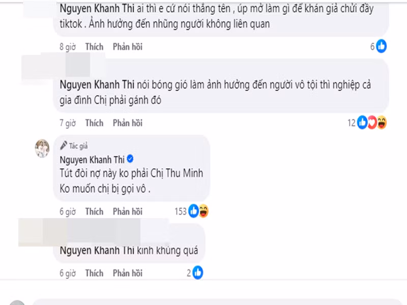 Trước bài đăng đòi nợ của Khánh Thi, nhiều cư dân mạng réo tên một số ca sĩ như Thủy Tiên và Thu Minh. Về phần mình, dưới bài đăng đòi nợ, Khánh Thi cho biết: “Status đòi nợ này không phải chị Thu Minh, không muốn chị bị gọi vô”.