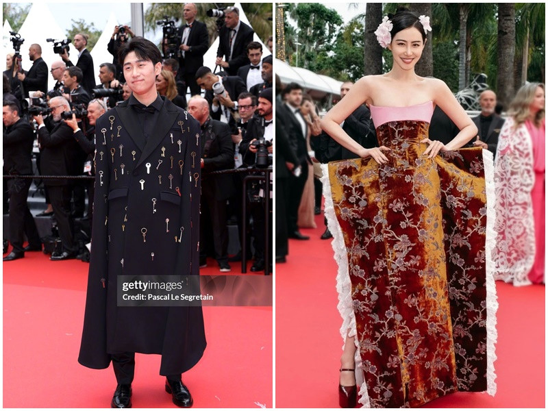 Hàng loạt khách mời vô danh mặc trang phục khó hiểu như thiết kế in hoa văn chăn con công, diện đồ Ngọc hoàng, thần tài, bộ đồ hình ghế bành. Ảnh: Tiền Phong, Znews.