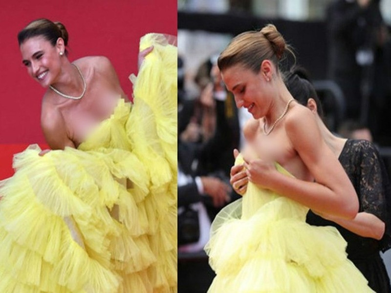 Nữ người mẫu Fernanda Liz tụt váy, lộ vòng một trên thảm đỏ Cannes 2019 ngày thứ 9. Ảnh: Znews.