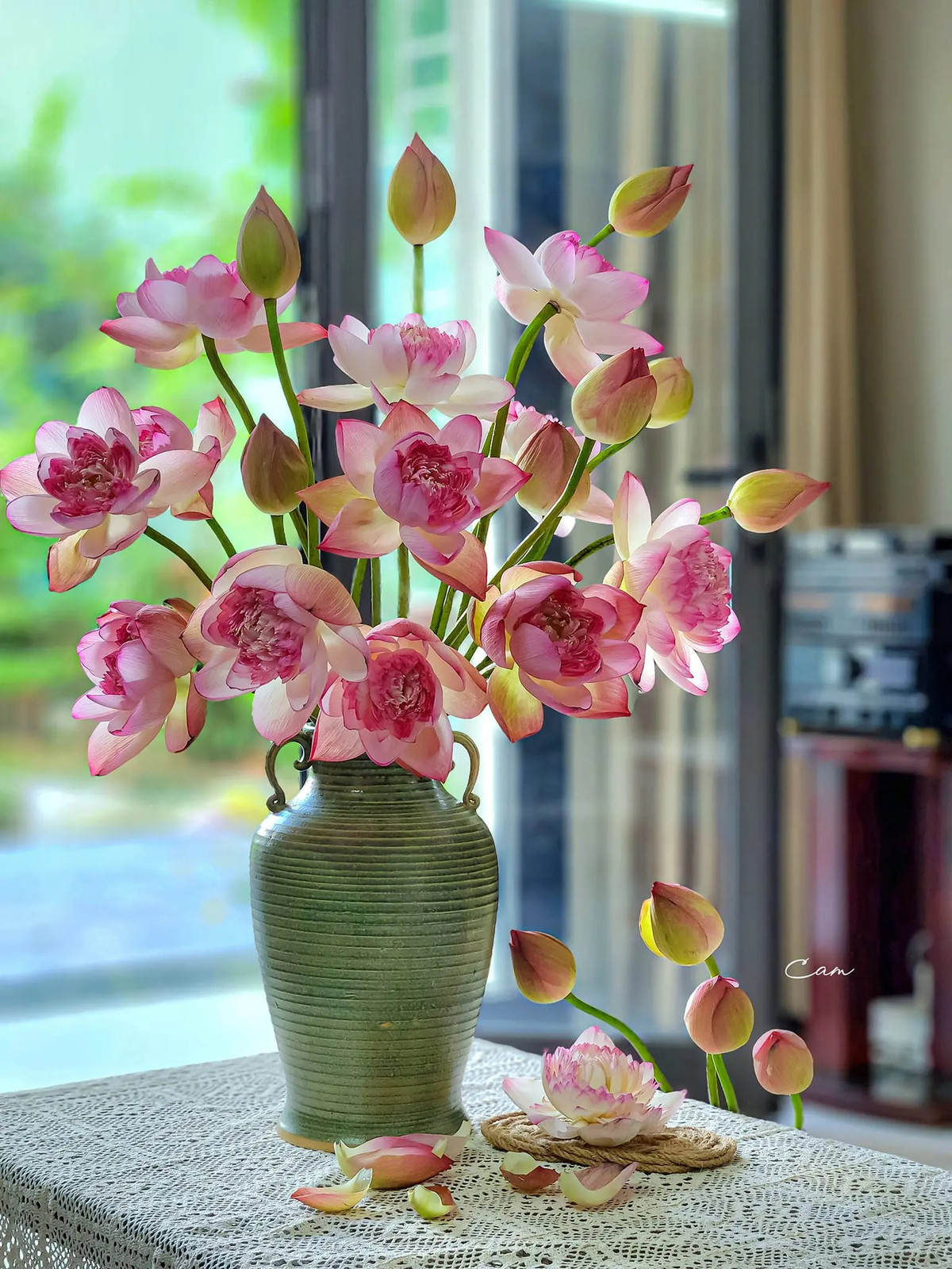 Chiếc bình gốm với tone màu mộc mạc rất hợp để cắm hoa sen. Ảnh: Cam Sành