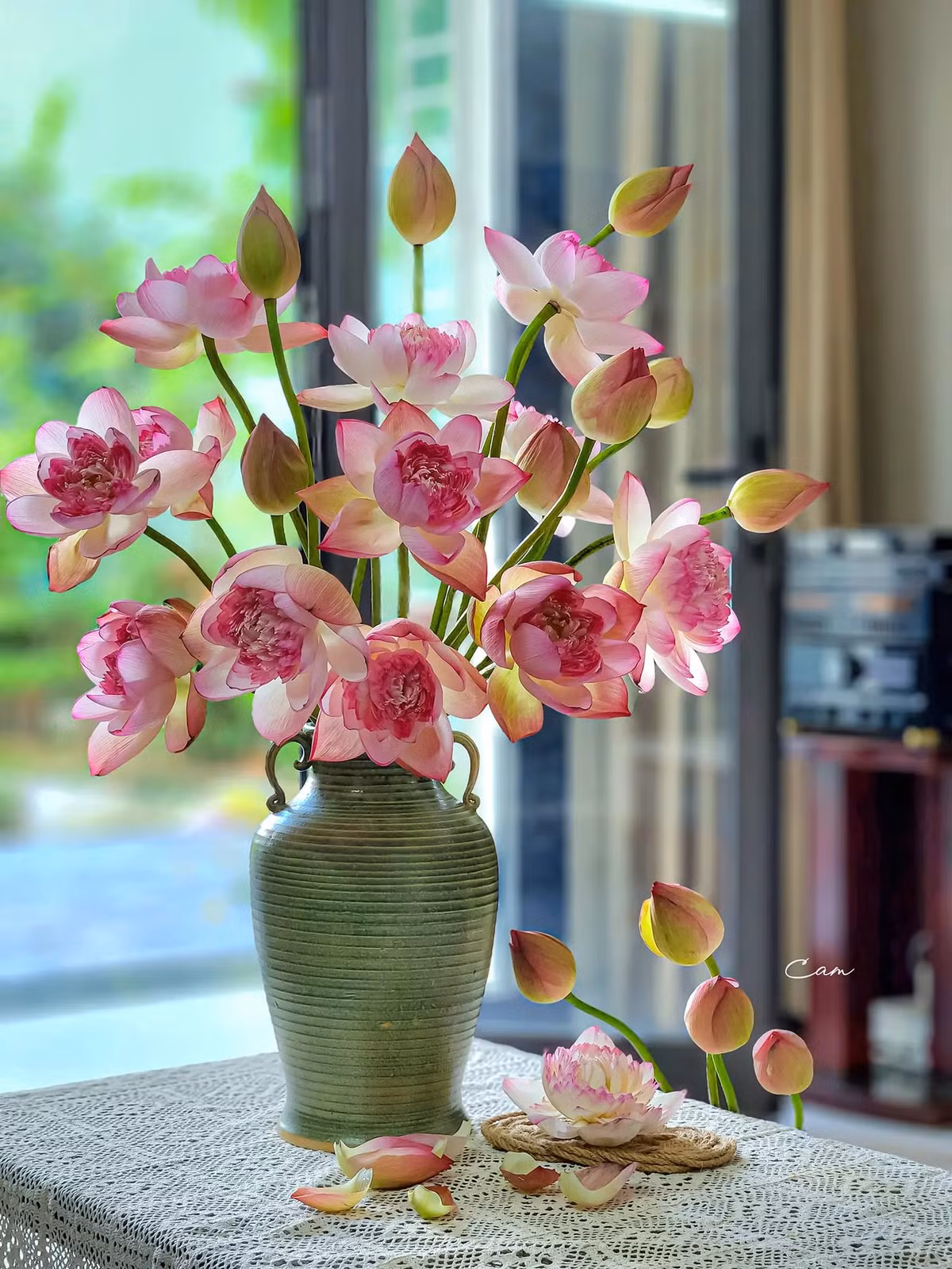 Chiếc bình gốm với tone màu mộc mạc rất hợp để cắm hoa sen. Ảnh: Cam Sành