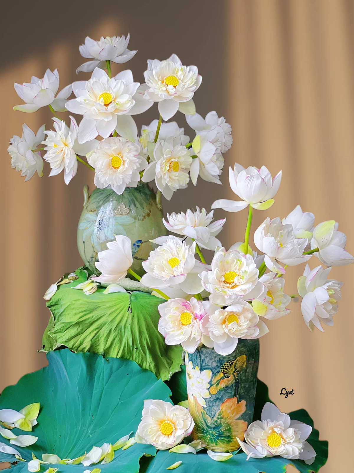 Những bình sen làm sáng bừng cả một góc nhà. Ảnh: Dư Thị Thuỳ Linh