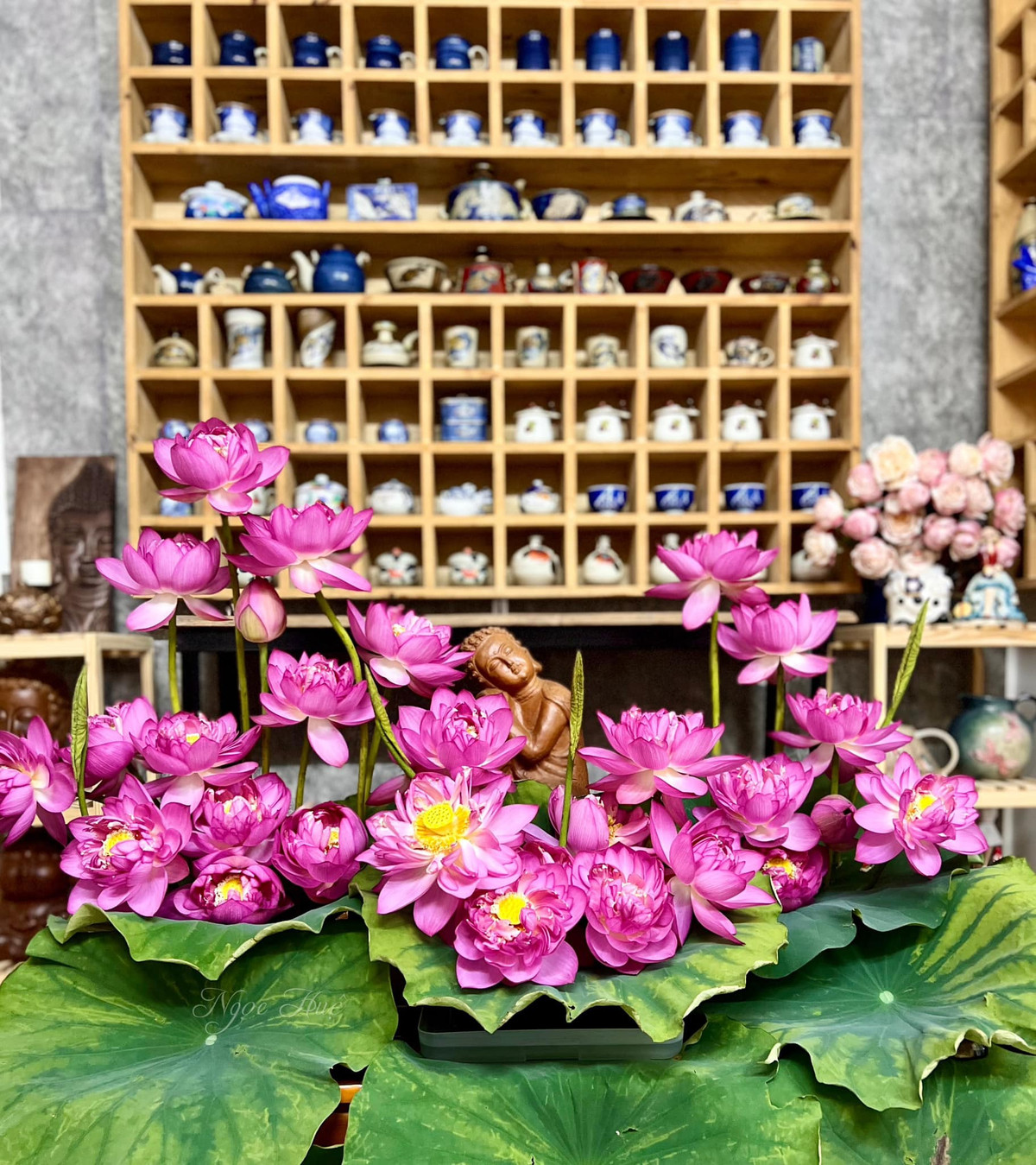 Một đầm sen mini khác cũng rất xinh xắn. Sen cắt lúc chiều tối, dưỡng vài tiếng rồi lên bình và sáng hôm sau hoa nở căng và thơm ngát! Ảnh: Ngọc Huệ