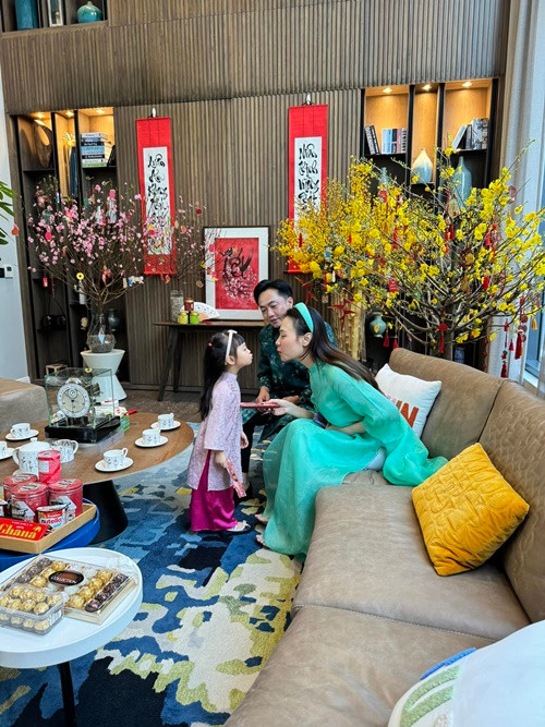 Dịp Tết, vợ chồng Đàm Thu Trang trang trí lối vào bằng những chậu hoa xinh xắn, phòng khách ngập tràn hoa đào, mai.