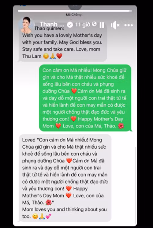 Trong tin nhắn với mẹ chồng, Thanh Thảo viết. "Cảm ơn má đã sinh ra và dạy dỗ một người con trai thật tử tế và hiền lành để con may mắn có được một người chồng thật đạo đức và yêu thương con", nữ ca sĩ bày tỏ.