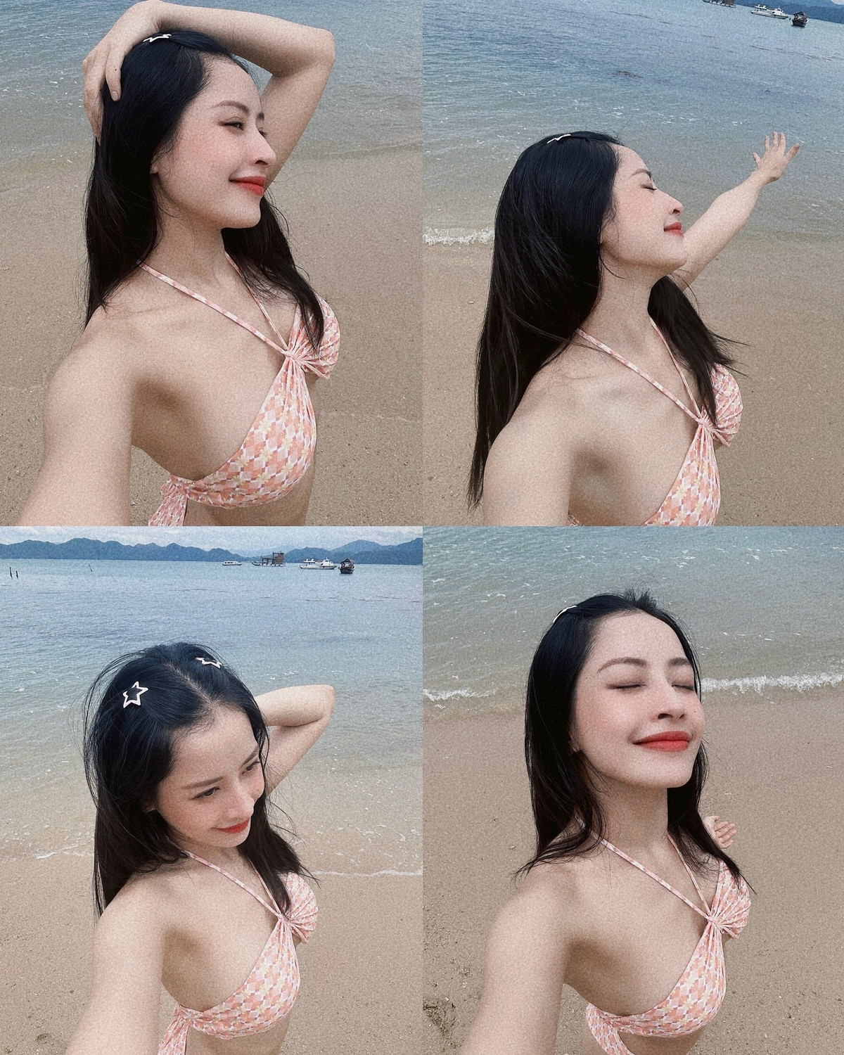 Cùng với kiểu dáng 2 mảnh, Chi Pu lần lượt "đốt mắt" với 1 thiết kế màu xanh cobalt cổ vuông và áo cổ yếm màu hồng cam, tôn lên làn da trắng không tì vết.