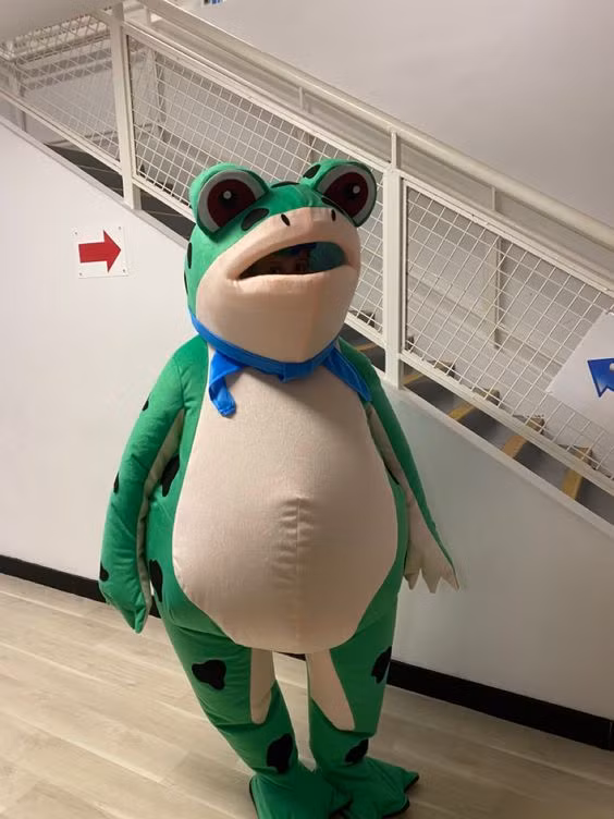 Biểu cảm ngây ngô, hài hước của bộ đồ ếch là điều đặc biệt khiến trang phục mascot này hot đến tận cả Việt Nam.