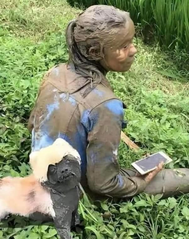 Điều khiến netizen để ý nhất chính là biểu cảm của chú cún. Bộ lông của chú chó nhỏ vốn màu trắng be, giờ cũng bị nhuộm màu đen của bùn đất.