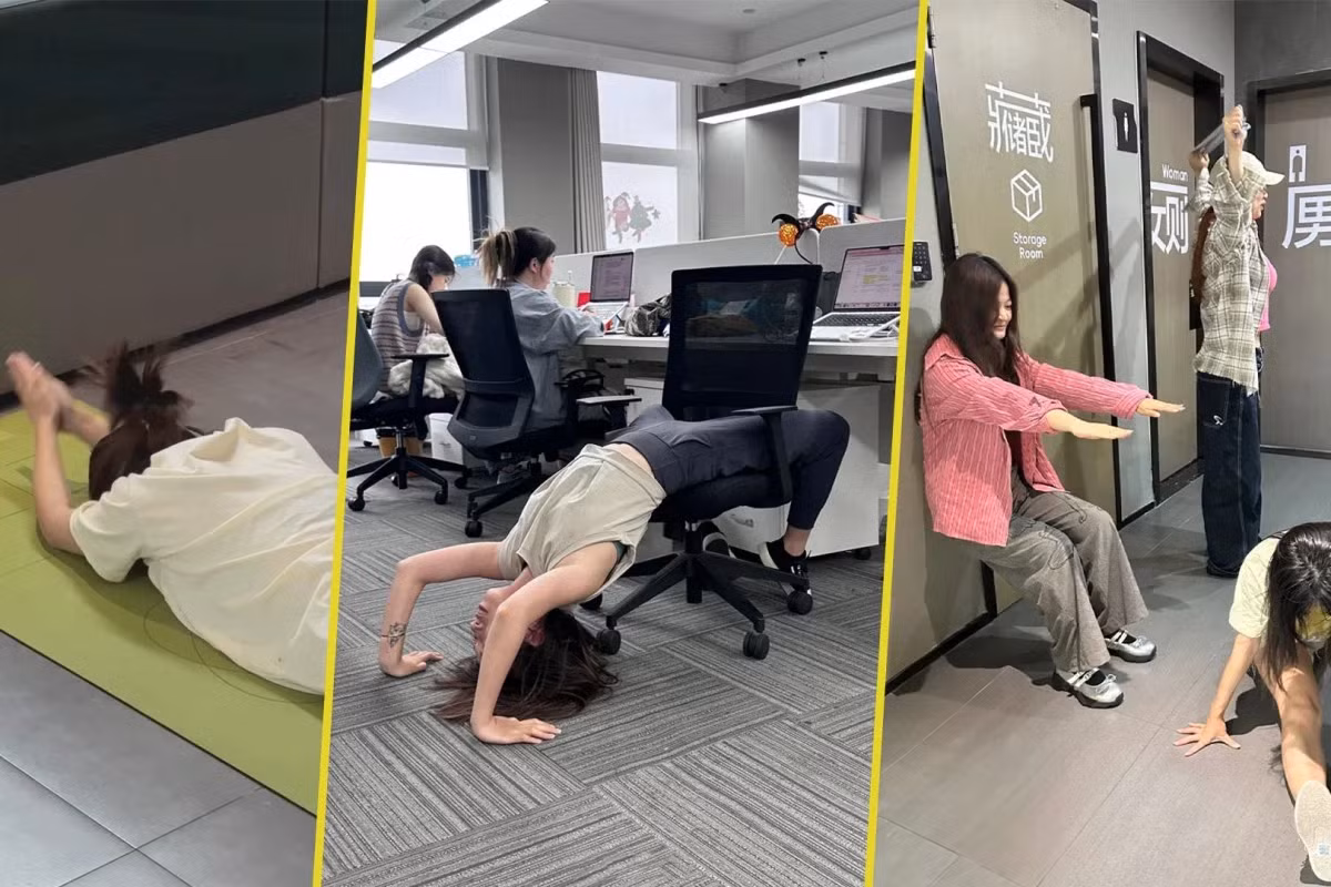 Trào lưu "5-minute quick-charge workout" (bài tập sạc nhanh trong 5 phút) đang rất phổ biến với những bạn trẻ làm văn phòng ở Trung Quốc. Các hình thức luyện tập vô cùng đa dạng như: trải thảm yoga tranh thủ lúc nghỉ trưa, tập pilates ngay trên ghế làm việc, hay đứng tấn bằng cách dựa lưng vào tường. (Ảnh: SCMP)