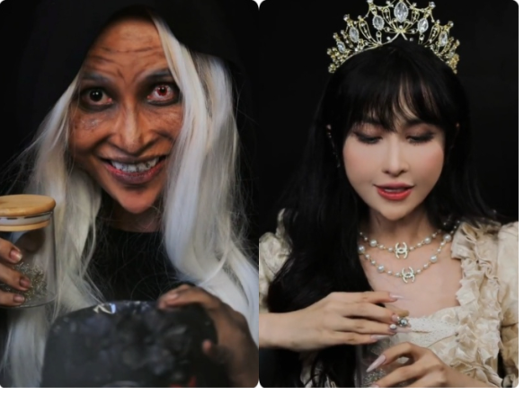 Chưa kể bà xã Minh Nhựa còn thay tới 6 - 7 bộ trang phục với những cách trang điểm và làm tóc khác nhau. Ước tính tổng thời gian thực hiện cũng phải mất nhiều giờ đến cả ngày trời.