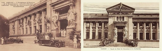 Dinh Thống đốc Nam Kỳ (nay là Bảo tàng TP.HCM). Khởi công xây dựng năm 1885 với công năng là tòa nhà Bảo tàng Thương mại trưng bày sản phẩm Nam Kỳ. Nhưng năm 1887, Liên bang Đông Dương thành lập, Toàn quyền Đông Dương lấy Dinh Norodom làm trụ sở phía Nam của Phủ Toàn quyền và chuyển Phủ Thống đốc Nam Kỳ sang tòa nhà Bảo tàng Thương Mại. Do đó, năm 1890, tòa nhà được khánh thành, trở thành trụ sở của Phủ Thống đốc Nam Kỳ nên được gọi là Dinh Thống đốc Nam Kỳ (còn gọi Dinh Phó soái). Ảnh Hoàng đế Khải Định viếng Dinh Thống đốc Nam Kỳ 1922 (trái) và ảnh Mặt tiền dinh phó soái 1880 (phải).