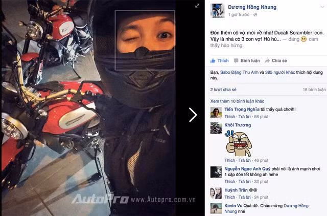 Nhung Kate khoe Ducati Scrambler trên Facebook.