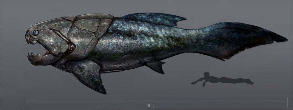 Dunkleosteus, là một chi cá da phiến tuyệt chủng, từng tồn tại vào cuối kỷ Devon, khoảng 380–360 triệu năm trước. Đây cũng là loài cá da phiến lớn nhất từng sinh tồn, có thể dài tới 10m, là sinh vật săn mồi đầu bảng, tung hoành khắp các đại dương săn cá mập trong khoảng 20 triệu năm. (Nguồn Emgn)