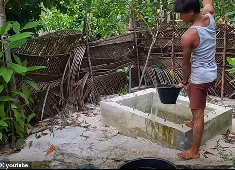 Cặp đôi đào một cái giếng lấy nước sinh hoạt, trong khi dùng nước mưa lọc qua máy lọc để uống.