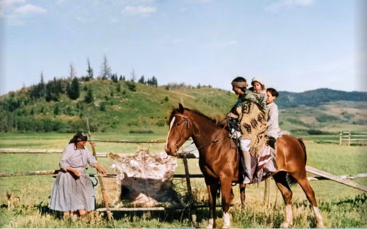 Các em nhỏ người Mỹ bản địa cưỡi ngựa cùng cha mẹ.