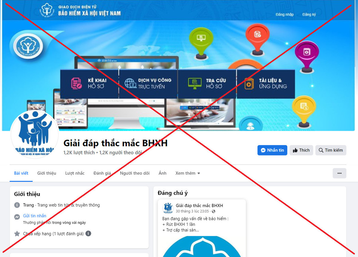  Giả mạo cơ quan BHXH Việt Nam: Mới đây, cơ quan BHXH Việt Nam tiếp tục nhận được phản ánh từ nhiều người dân về việc bị một số fanpage giả mạo BHXH Việt Nam lừa đảo, chiếm đoạt tiền của người dân qua mạng xã hội. Cụ thể, ngày 19/4/2023, do có nhu cầu cần gộp sổ BHXH, một người phụ nữ tại Lạng Sơn đã tìm kiếm sự trợ giúp từ một trang mạng xã hội Facebook có tên "Giải đáp thắc mắc BHXH".