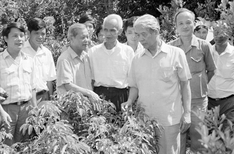 Tổng Bí thư Đỗ Mười thăm một hộ làm kinh tế giỏi ở thị trấn Chũ, huyện Lục Ngạn, tỉnh Bắc Giang (tháng 9/1994). Ảnh: Xuân Lâm/TTXVN