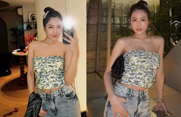 Áo quây bó sát, tôn vòng 1 cũng là kiểu trang phục ưa thích của Trâm Anh, được cô diện thường xuyên ở đời thường.