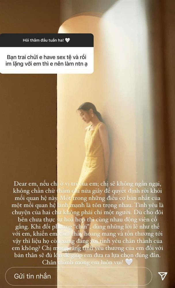 Đáp lại, Doãn Hải My thoải mái cho hay: "Hoàn toàn bình thường nha em. Miễn là đôi bên đều tự nguyện và cảm thấy hạnh phúc. Chỉ cần nhớ việc quan hệ trước hôn nhân không nói lên điều gì về phẩm chất và nhân cách cả nhé".