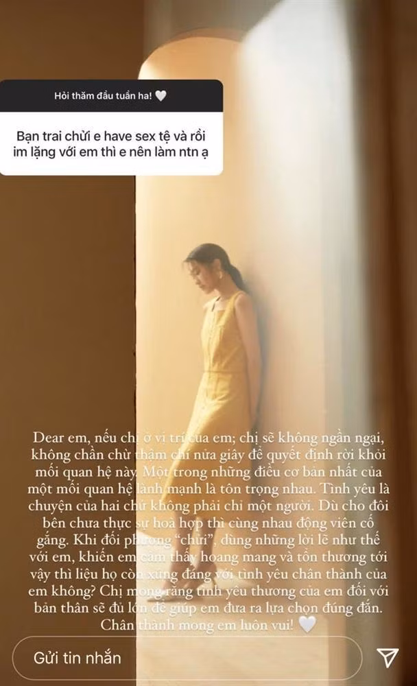 Đáp lại, Doãn Hải My thoải mái cho hay: "Hoàn toàn bình thường nha em. Miễn là đôi bên đều tự nguyện và cảm thấy hạnh phúc. Chỉ cần nhớ việc quan hệ trước hôn nhân không nói lên điều gì về phẩm chất và nhân cách cả nhé".