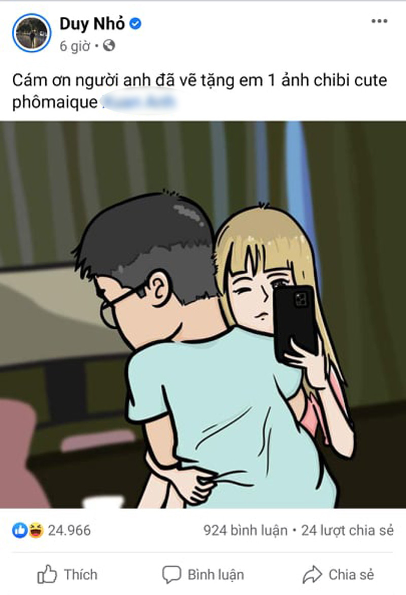 Trong một lần khác, Duy Thỏ có úp mở về chuyện tình của bản thân mình và khoe món quà là bức ảnh chibi được một người bạn vẽ tặng.