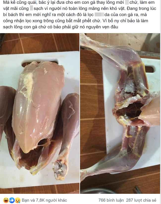 Mẹ người yêu nhờ làm gà để luộc nhưng cô gái lại hơi quá tay khi lột da nguyên chú gà.