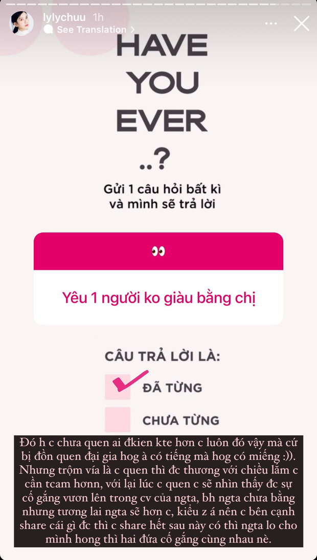 Mới đây, một fan hỏi Chù Disturbia đã bao giờ yêu một người không giàu bằng mình chưa. Câu trả lời của cựu hot girl không khỏi làm mọi người bất ngờ, vì đáp án là đã từng.