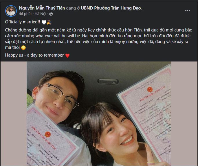 Sau gần 1 năm chính thức công khai hẹn hò, mới đây Mẫn Tiên vui vẻ công khai đăng kí kết hôn cùng bạn trai là thành viên của nhóm nhạc Monstar.