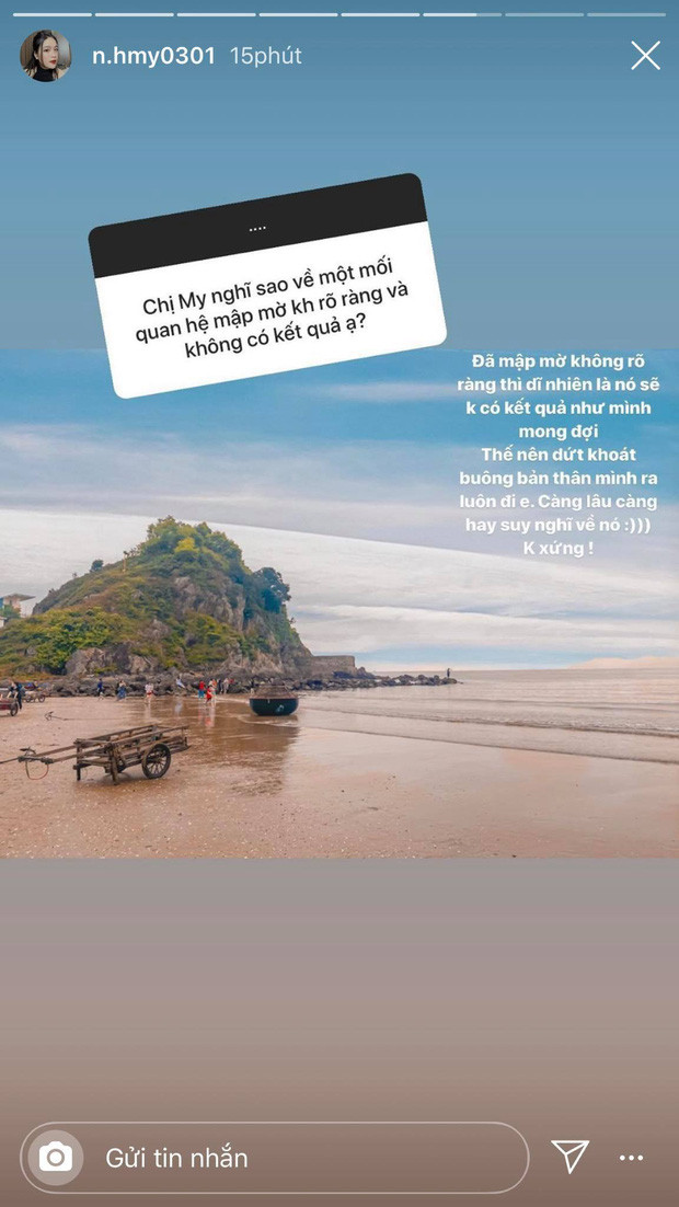 Đáng chú ý nhất là phát biểu của Huyền My về mối quan hệ mập mờ. Theo đó, bạn gái tin đồn Quang Hải cho biết phải dứt khoát buông bỏ mối quan hệ như vậy vì "càng lâu càng hay suy nghĩ về nó. Không xứng!".