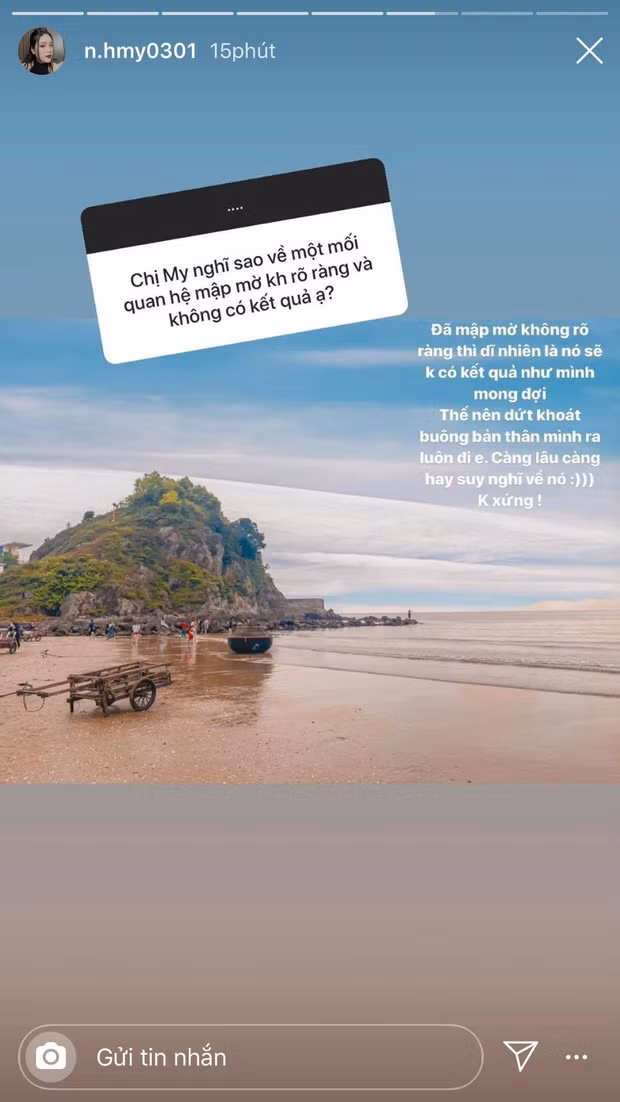 Đáng chú ý nhất là phát biểu của Huyền My về mối quan hệ mập mờ. Theo đó, bạn gái tin đồn Quang Hải cho biết phải dứt khoát buông bỏ mối quan hệ như vậy vì "càng lâu càng hay suy nghĩ về nó. Không xứng!".