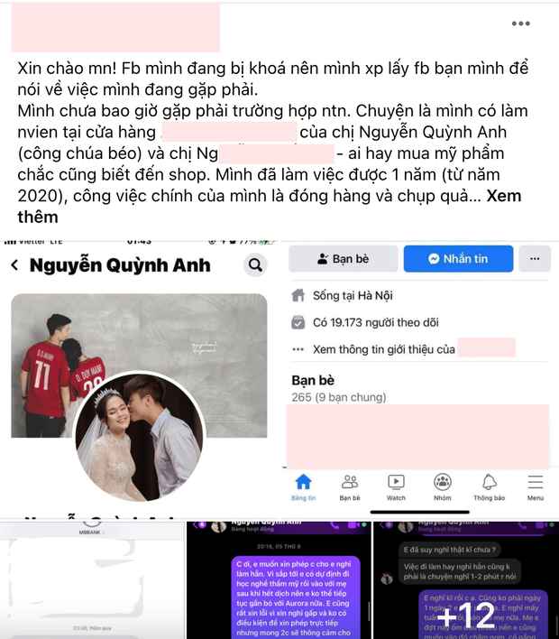 Cụ thể, nhân viên cũ của Quỳnh Anh đã mượn Facebook của một người bạn để viết bài, công khai những đoạn tin nhắn giữa mình và bà xã Duy Mạnh cùng Huyền My (chị gái Quỳnh Anh) về chuyện xin nghỉ việc và lương bổng.