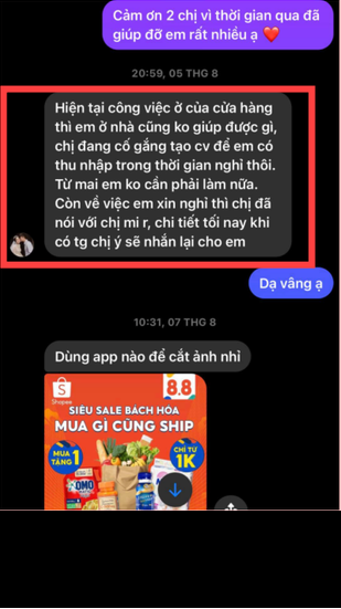 Tiếp đó, người này chia sẻ về chuyện nghỉ việc, mong muốn Quỳnh Anh cân nhắc chuyện thanh toán lương và thưởng.