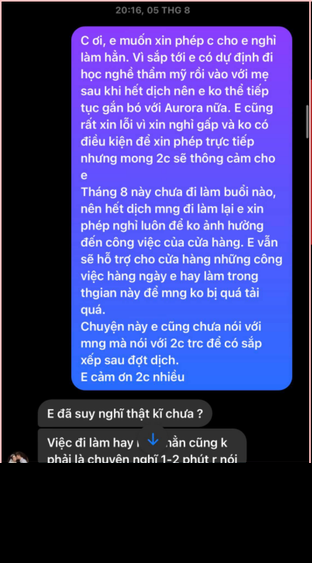 Trong bài đăng, người này cũng nhận xét về cửa hàng mà Quỳnh Anh và Huyền My làm chủ như sau: "Mọi người đi làm có bao giờ thấy khó chịu với chủ chưa. Mình tin là có. Nhưng quá đáng ở chỗ là luôn nghi ngờ, thái độ cáu bẳn. Một sự việc xảy ra chưa tìm hiểu rõ ngọn ngành đã bù lu bù loa lên và chỉ biết chửi mắng mà không suy nghĩ, xem xét".