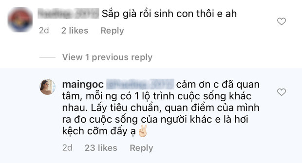 Mới đây, Mai Ngọc đã bất ngờ lên tiếng đáp trả khá gắt trên Instagram khi nhận được một câu hỏi có liên quan đến chuyện gia đình. Theo đó, một "fan" đã nhắc khéo nữ MC VTV rằng: "Sắp già rồi sinh con thôi em à".