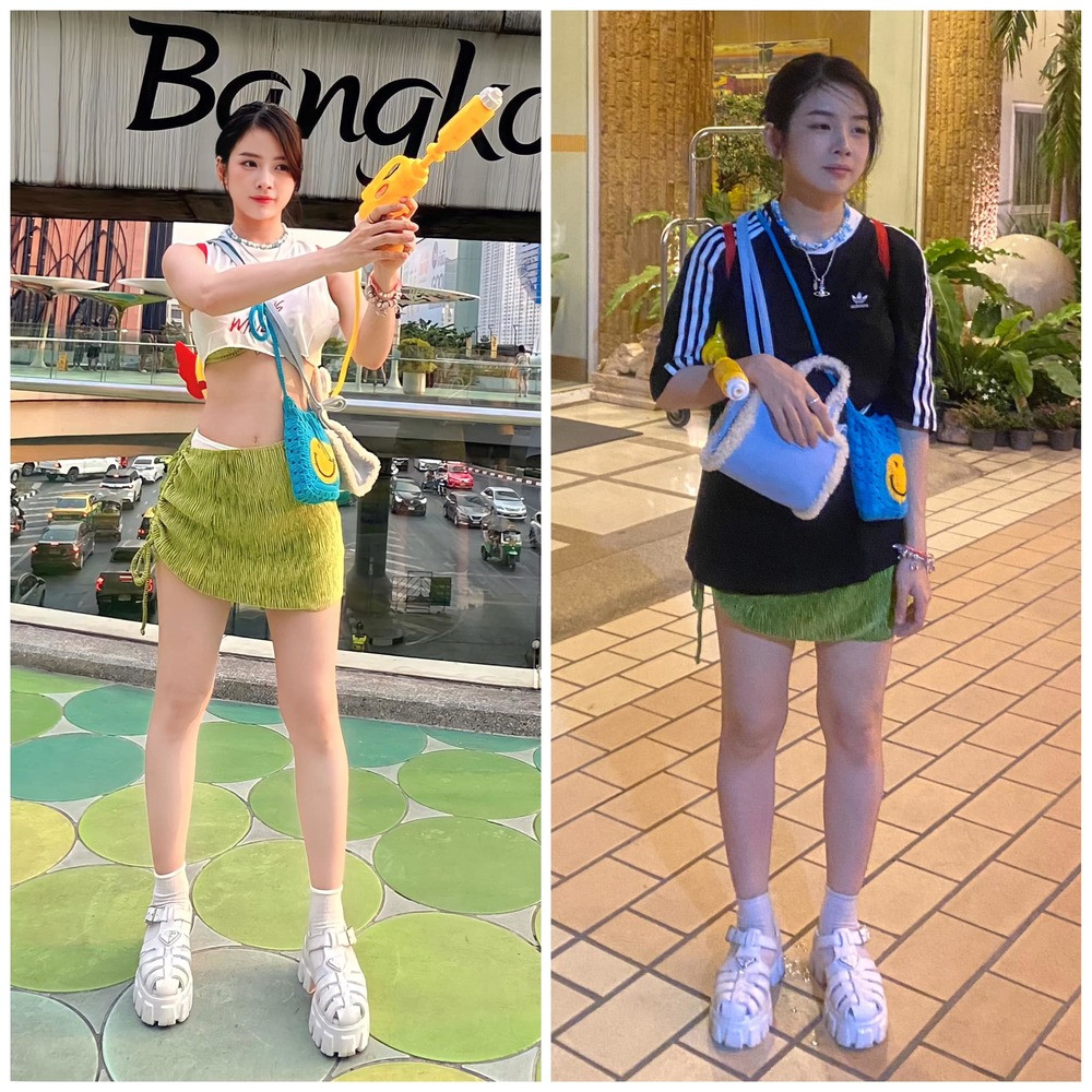 Xuống phố tham gia lễ hội té nước, "mỹ nhân làng chà đĩa" diện bộ outfit ngắn cũn cỡn với màu xanh nõn và mặc thêm áo crop-top mỏng bên ngoài.