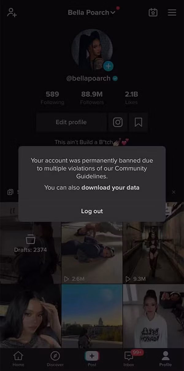 Nguyên nhân do Bella Poarch đã vi phạm tiêu chuẩn cộng đồng của TikTok quá nhiều lần.