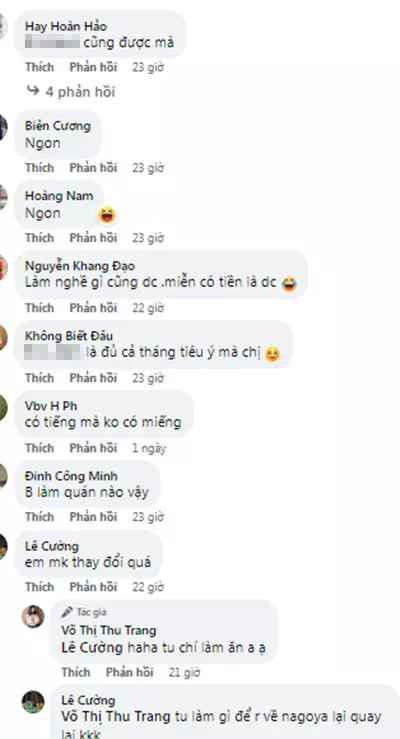 Dưới phần bình luận của bài đăng, khi bị một antifan mỉa mai: "Cái áo kia thường của mấy em mát xa thư giãn, em làm nghề đấy có dịch vụ... không em?", Thu Trang lập tức đáp: "Qua Nhật đi rồi biết áo này mà của mát xa thì não ngắn thật sự".