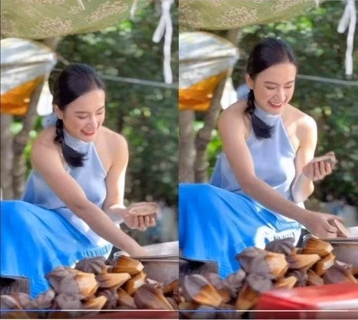 Mới đây, Angela Phương Trinh có đăng tải video đang chặt dừa với chiếc áo yếm màu xanh.