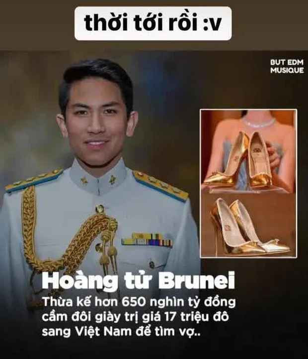 Thậm chí còn có thông tin tiết lộ Hoàng tử Brunei mang theo một đôi giày cao gót trị giá 17 triệu USD (khoảng 398 tỉ đồng) để tìm xem cô gái nào đi vừa.